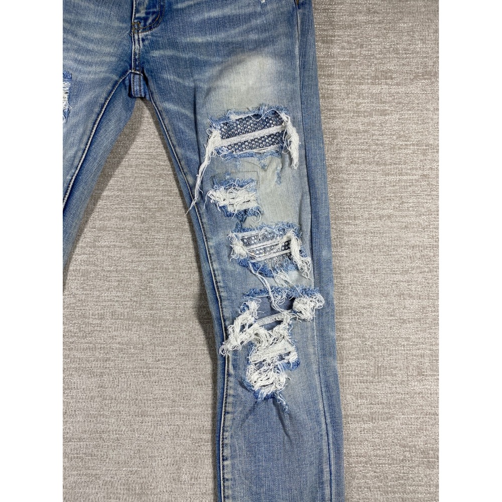 MNML M14 Stretch Denim Jeans Men 31 Light Blue Distressed Rhinestone Backing - Picture 5 of 8